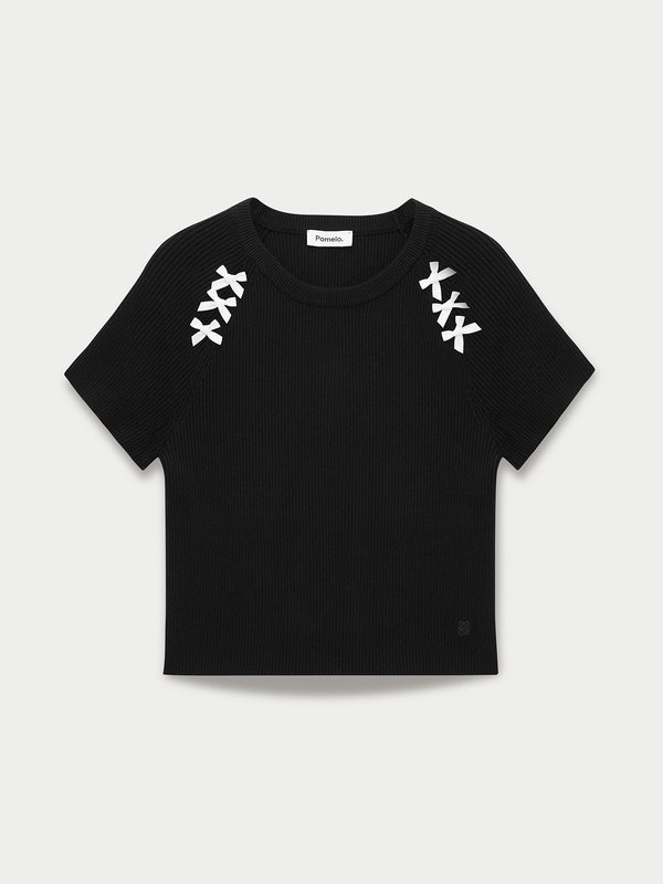 pomelo Pomelo Bow Motif Ribbed Top - Black