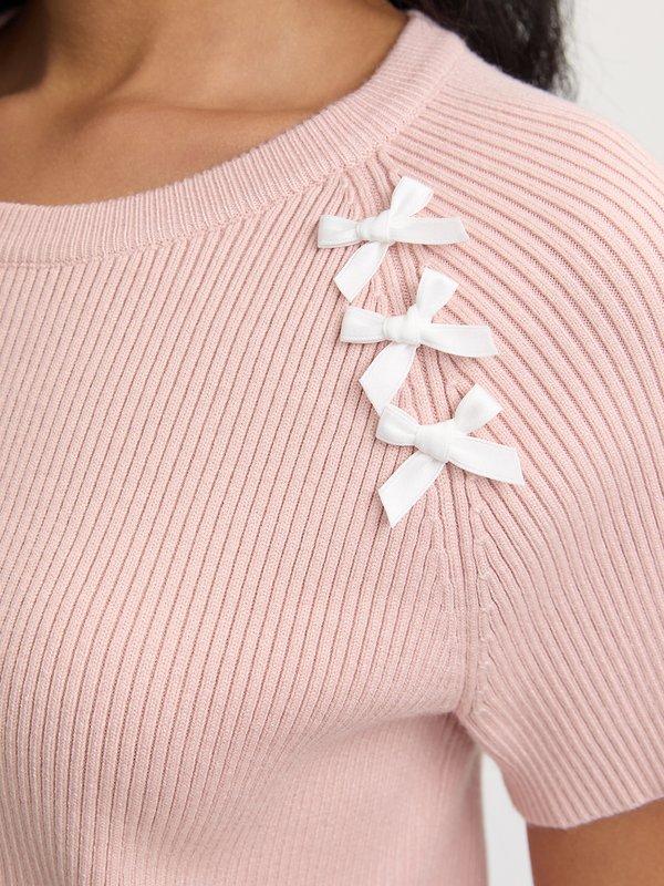 Pomelo Pomelo Bow Motif Ribbed Top - Pink