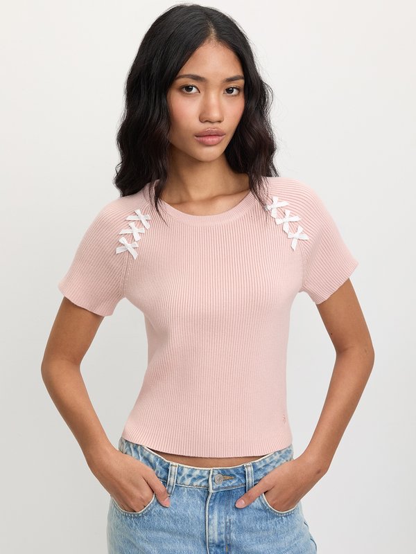 pomelo Pomelo Bow Motif Ribbed Top - Pink