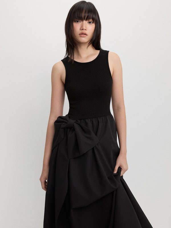 pomelo Pomelo Bow Ribbed Knit Dress - Black