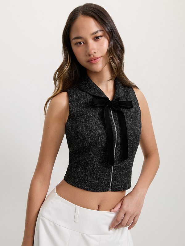 pomelo Pomelo Bow Tie Cropped Blouse - Black