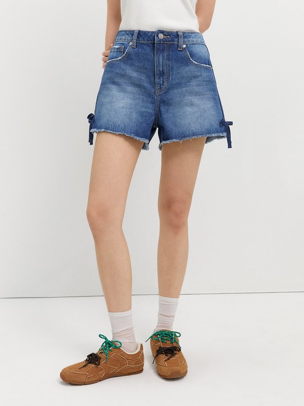 Pomelo Pomelo Bow Tie Denim Shorts - Blue