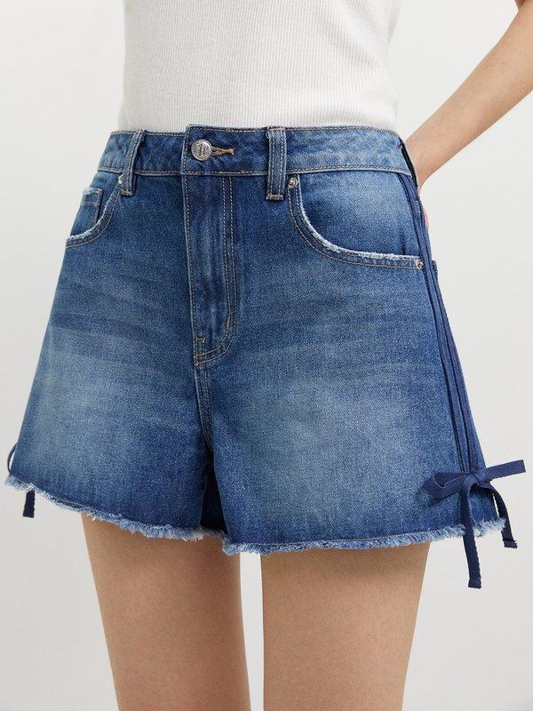 pomelo Pomelo Bow Tie Denim Shorts - Blue
