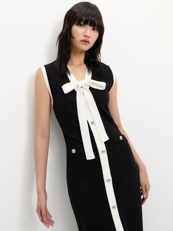 pomelo Pomelo Bow Tie Knit Dress - Black