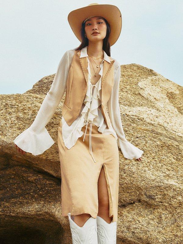 Pomelo Pomelo Bow Tie Midi Skirt - Beige