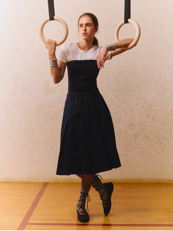 pomelo Pomelo Bow Tie Pleated Skirt - Navy