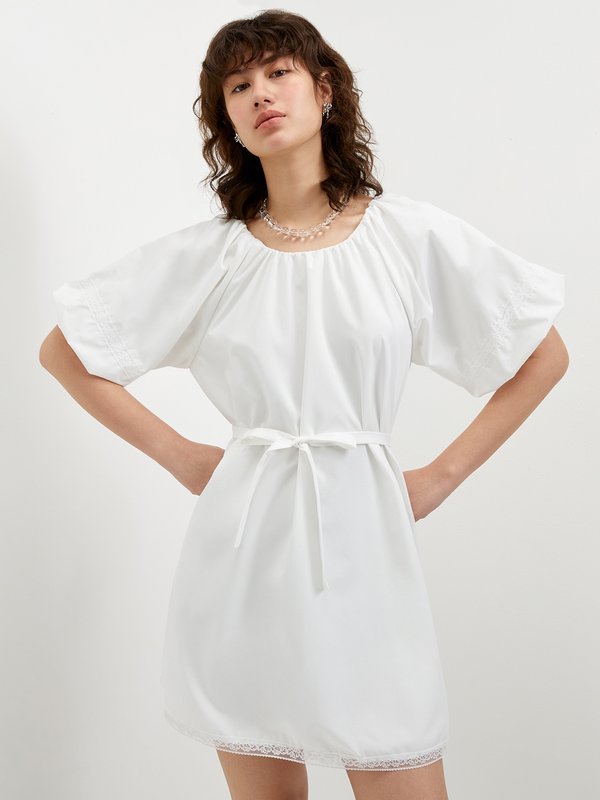 pomelo Pomelo Bow Tie Puffed Sleeve Dress - White