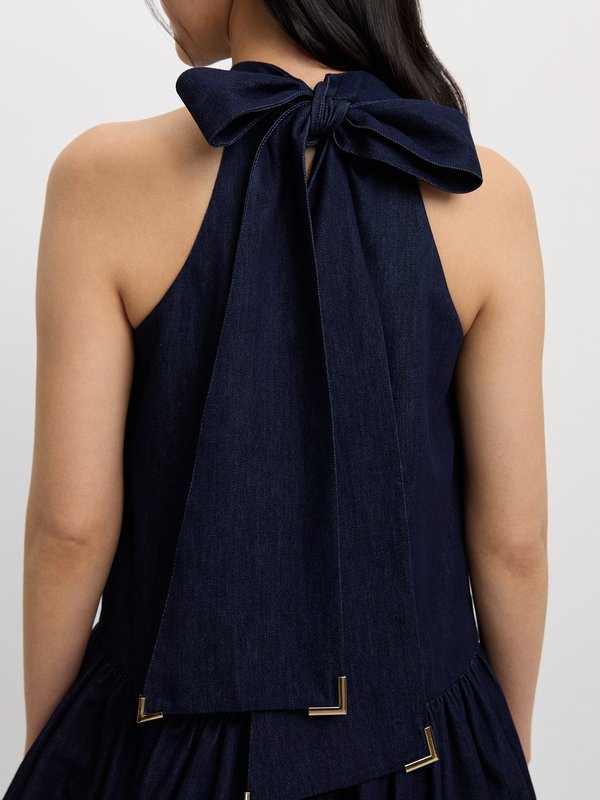 Pomelo Pomelo Bow Tie Ruffle Dress - Dark Blue