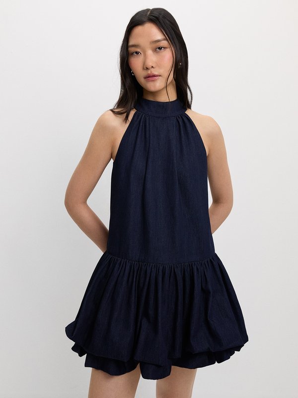 pomelo Pomelo Bow Tie Ruffle Dress - Dark Blue