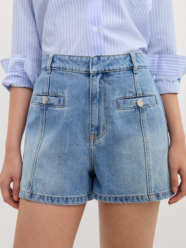 Pomelo Pomelo Button Denim Shorts - Blue