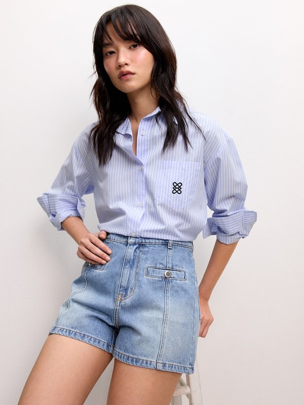 pomelo Pomelo Button Denim Shorts - Blue