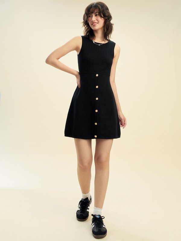 Pomelo Pomelo Button Detail Mini Dress - Black