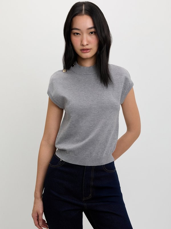 pomelo Pomelo Button Knit Top - Mid Grey