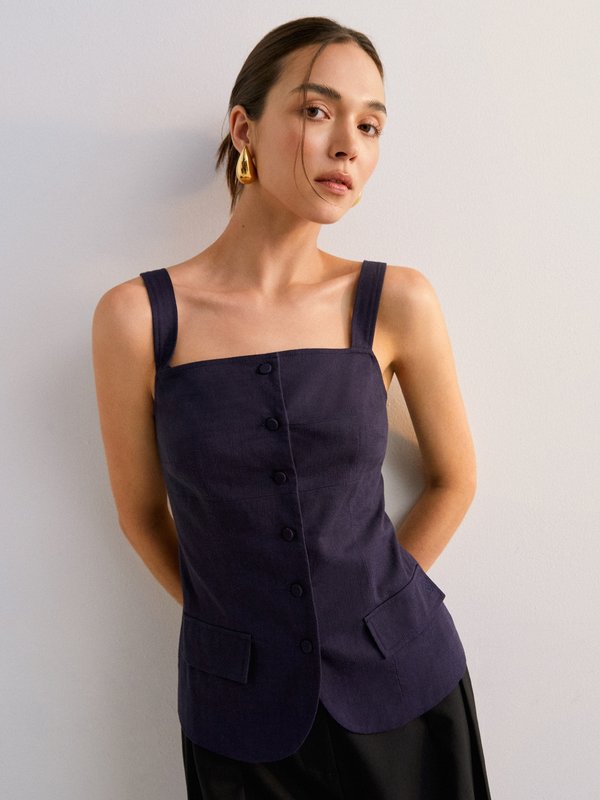 pomelo Pomelo Button Up Cami Vest Top - Navy