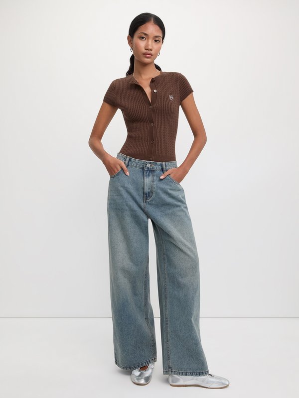 Pomelo Pomelo Button-Up Knit Top - Brown