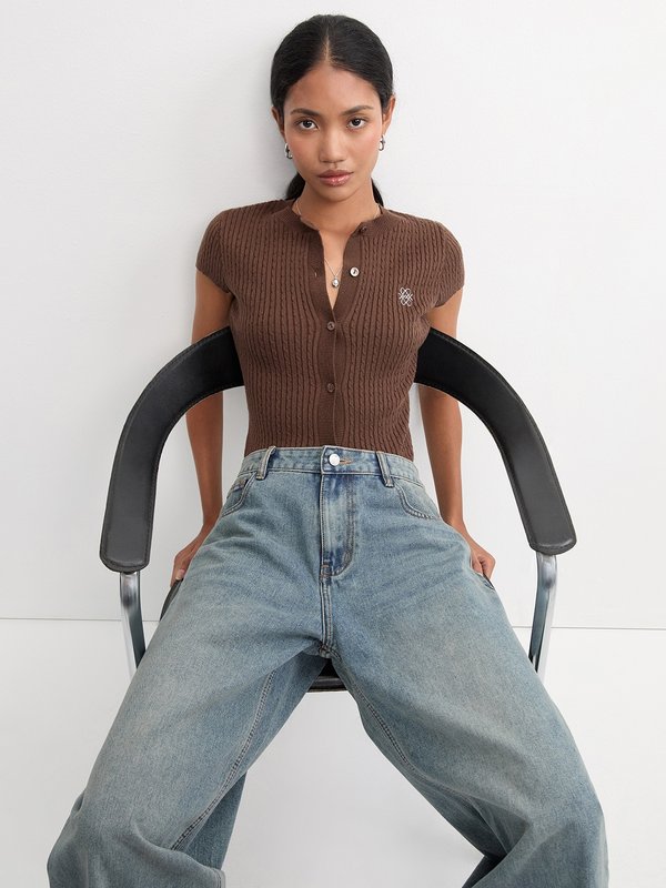 pomelo Pomelo Button-Up Knit Top - Brown