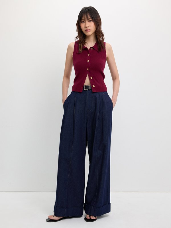 Pomelo Pomelo Button-Up Knit Top - Burgundy