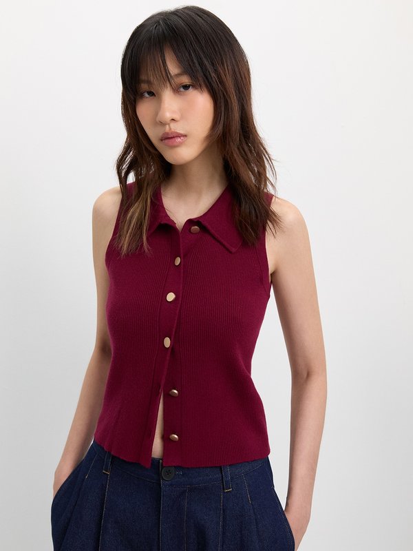 pomelo Pomelo Button-Up Knit Top - Burgundy