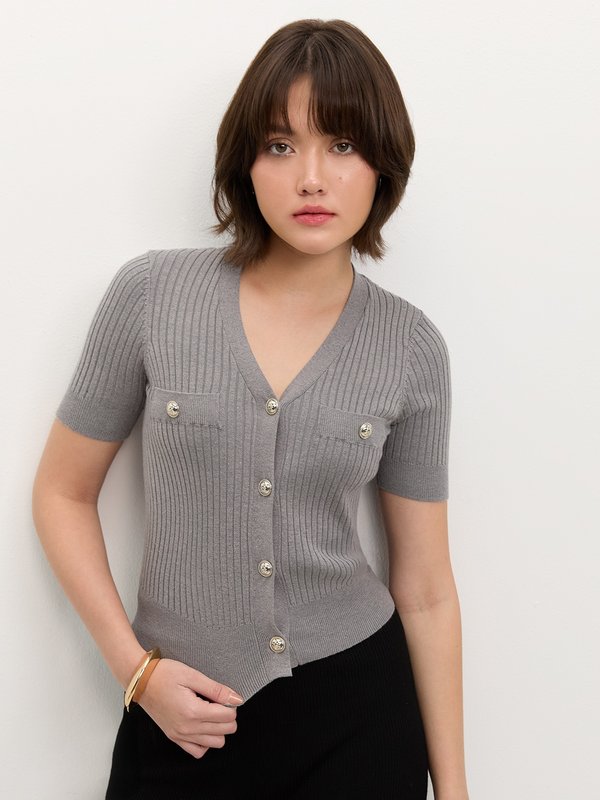 pomelo Pomelo Button-Up Knit Top - Light Grey