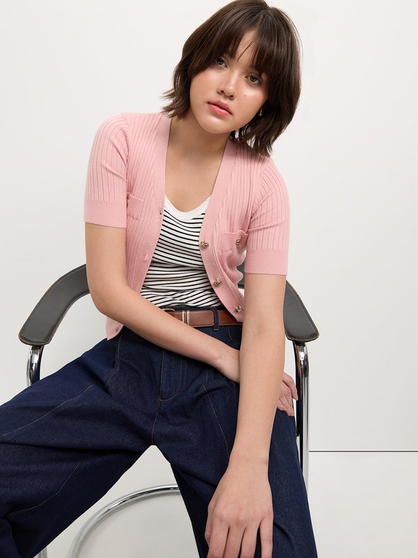 Pomelo Pomelo Button-Up Knit Top - Light Pink