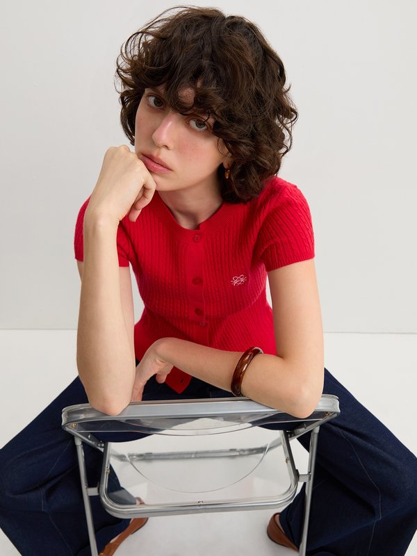 pomelo Pomelo Button-Up Knit Top - Red