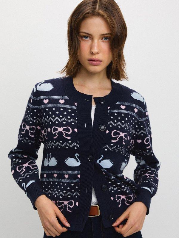 Pomelo Pomelo Button-Up Swan Graphic Cardigan - Navy