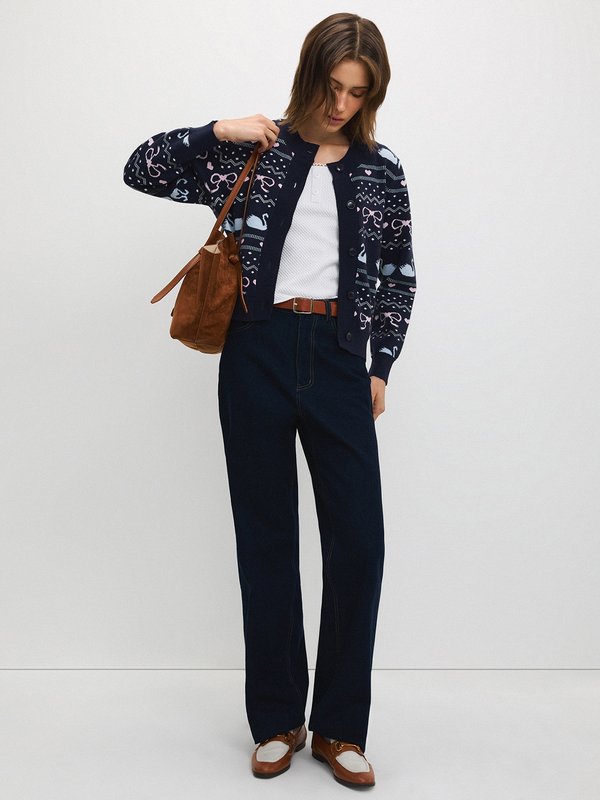 pomelo Pomelo Button-Up Swan Graphic Cardigan - Navy