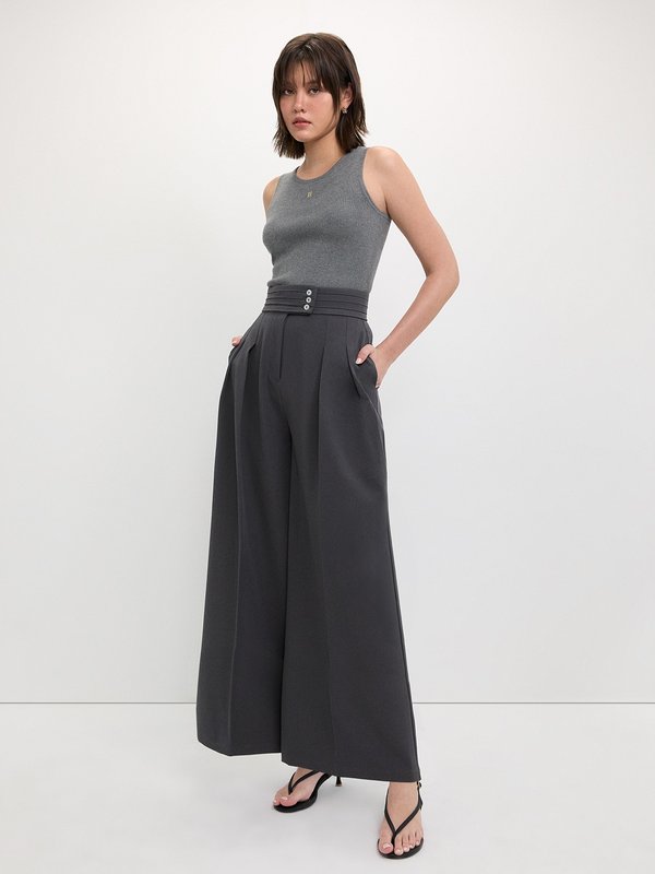 Pomelo Pomelo Button Waistband Pants - Light Grey