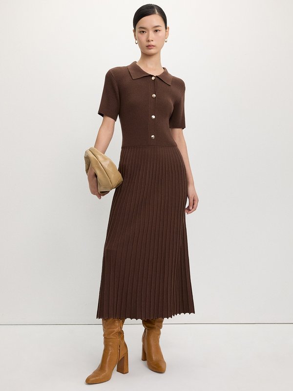 Pomelo Pomelo Buttoned Pleat Knit Dress - Dark Brown