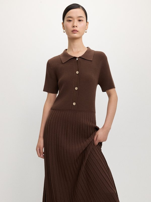 Pomelo Pomelo Buttoned Pleat Knit Dress - Dark Brown