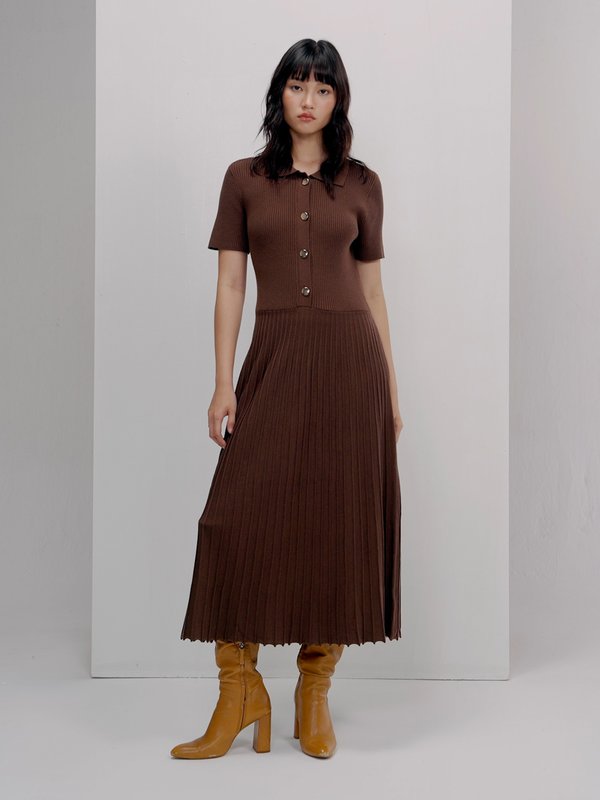 pomelo Pomelo Buttoned Pleat Knit Dress - Dark Brown