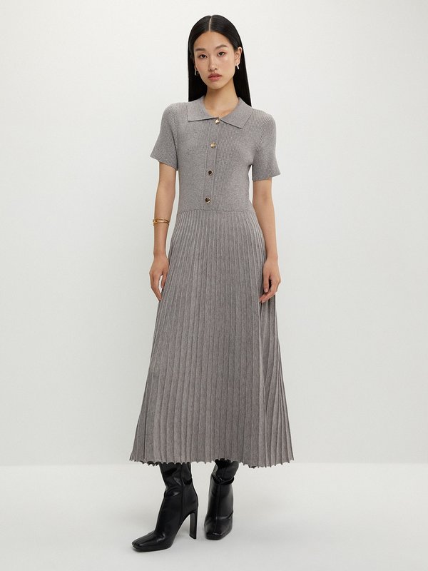 Pomelo Pomelo Buttoned Pleat Knit Dress - Mid Grey