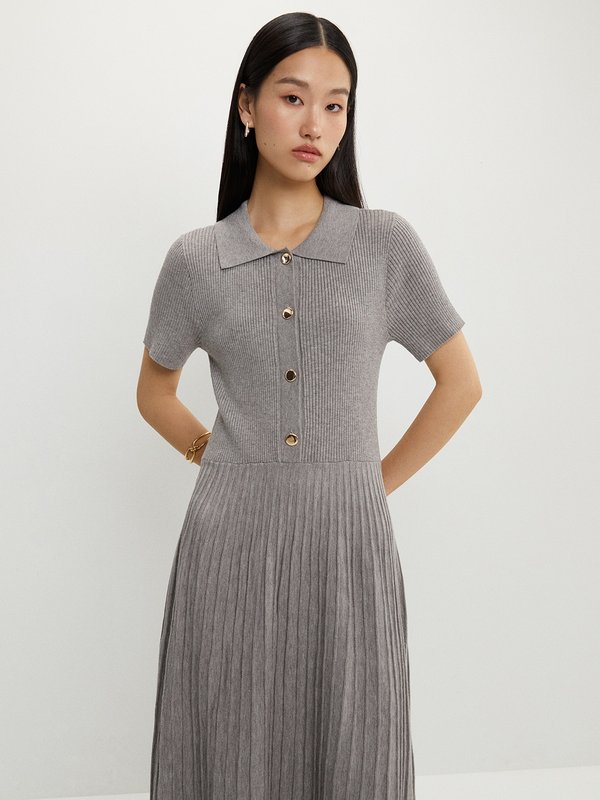 pomelo Pomelo Buttoned Pleat Knit Dress - Mid Grey