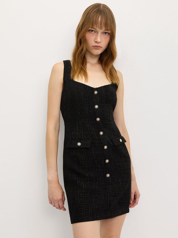 pomelo Pomelo Buttoned Tweed Dress - Black