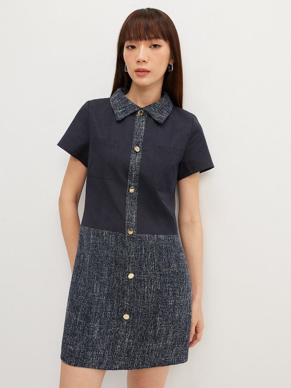 Pomelo Pomelo Buttoned Tweed Dress - Navy