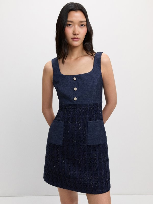 Pomelo Pomelo Buttoned Tweed Dress - Navy