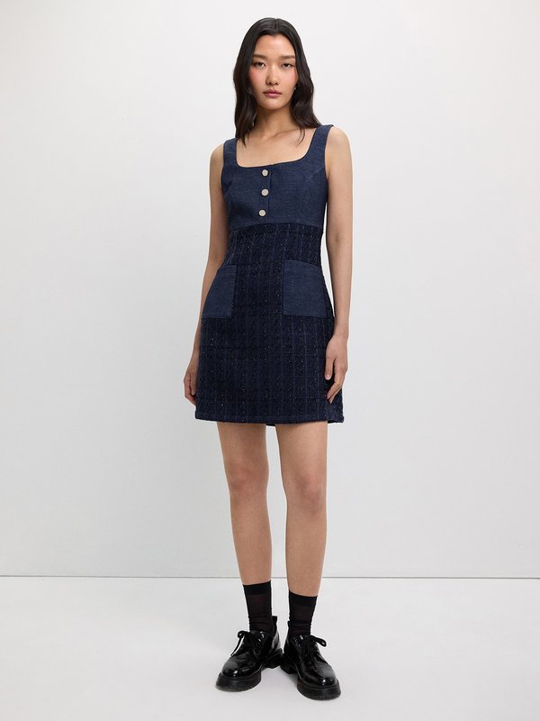 pomelo Pomelo Buttoned Tweed Dress - Navy