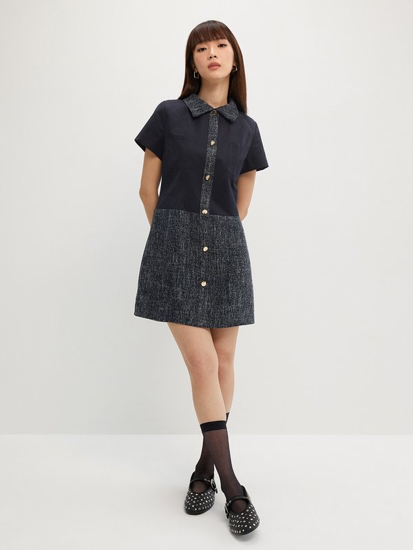 pomelo Pomelo Buttoned Tweed Dress - Navy