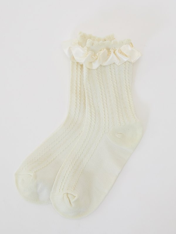 pomelo Pomelo Cable Knit Ruffled Trim Socks - Cream