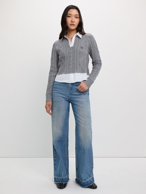 Pomelo Pomelo Cable Knit Top - Mid Grey