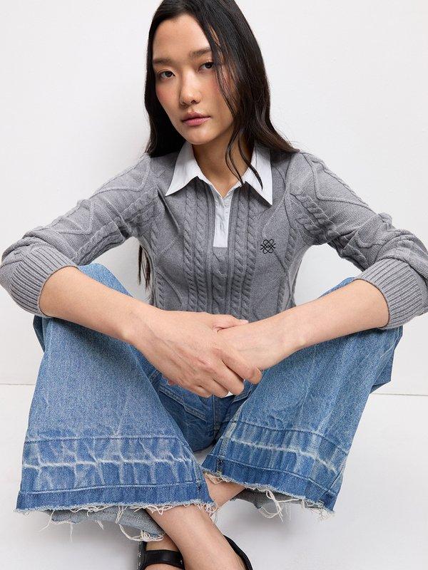 pomelo Pomelo Cable Knit Top - Mid Grey