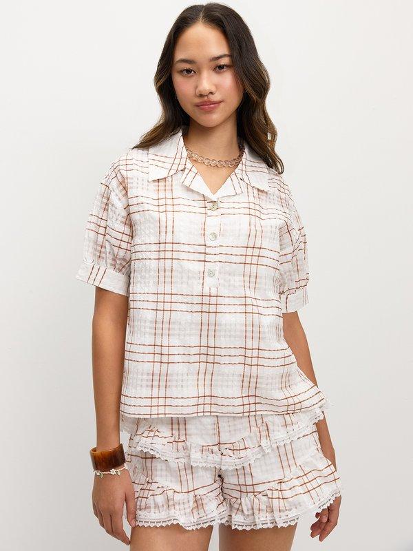 Pomelo Pomelo Checkered Button Top - Brown