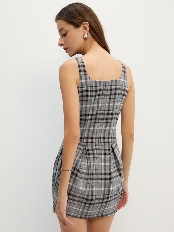 Pomelo Pomelo Checkered Diamante Dress - Multi Color