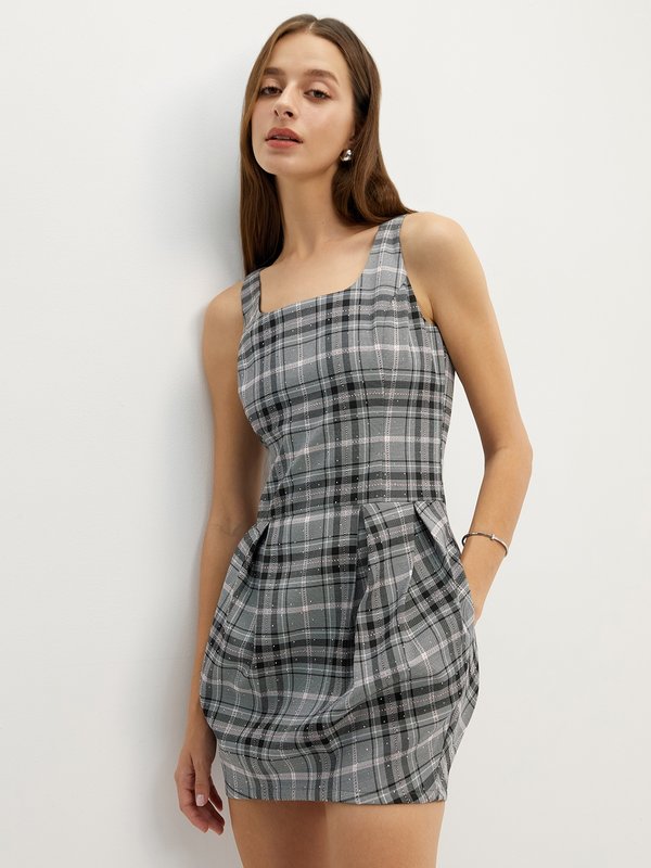 pomelo Pomelo Checkered Diamante Dress - Multi Color