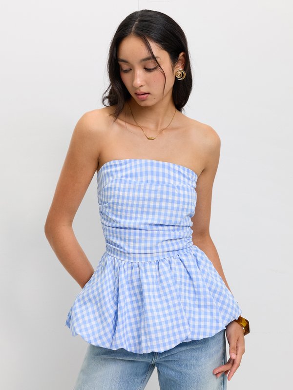 Pomelo Pomelo Checkered Peplum Top - Baby Blue