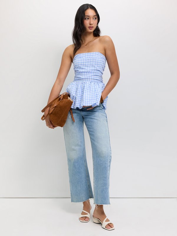 Pomelo Pomelo Checkered Peplum Top - Baby Blue