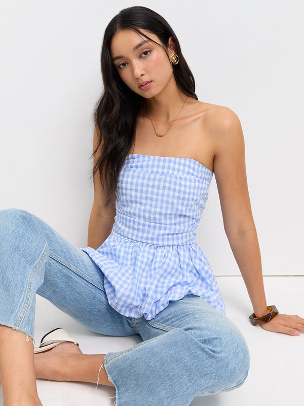 pomelo Pomelo Checkered Peplum Top - Baby Blue