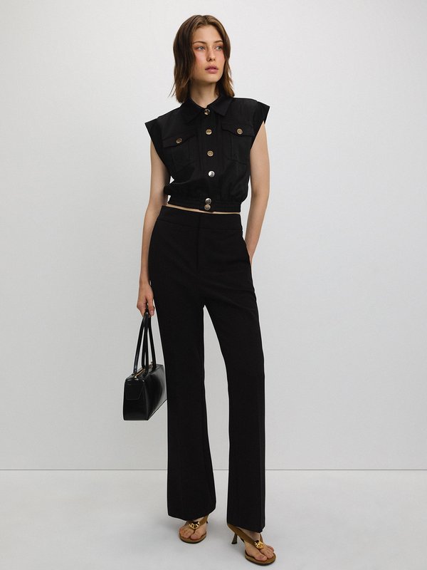 Pomelo Pomelo Collared Crop Top With Pockets - Black