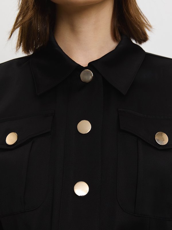 Pomelo Pomelo Collared Crop Top With Pockets - Black