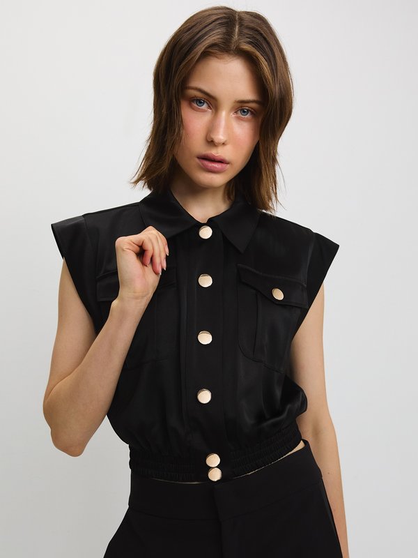 pomelo Pomelo Collared Crop Top with Pockets - Black